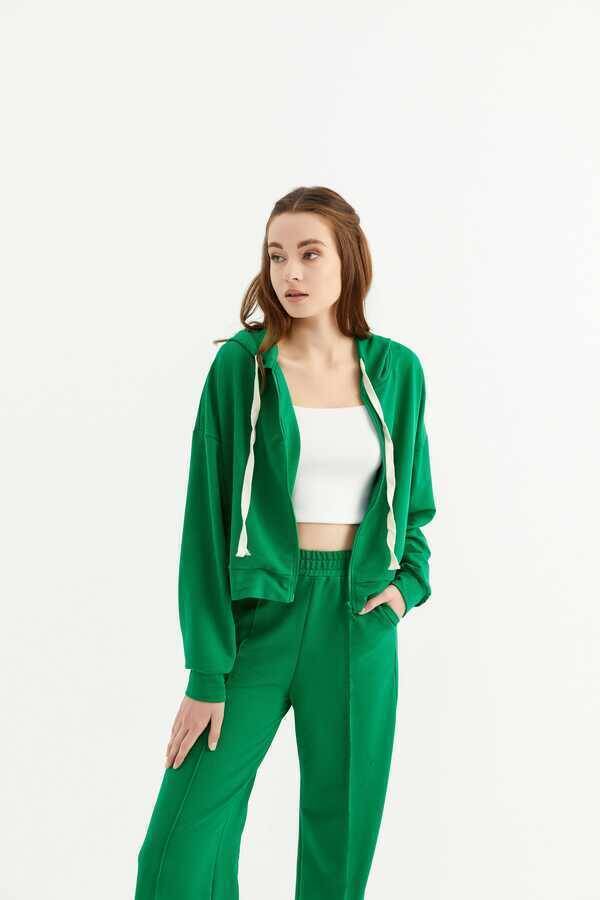 Fermuarlı Crop Sweatshirt Benetton Yeşil - Thumbnail