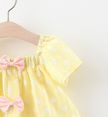 Fiyonklu Çiçekli Sarı Elbise - Thumbnail