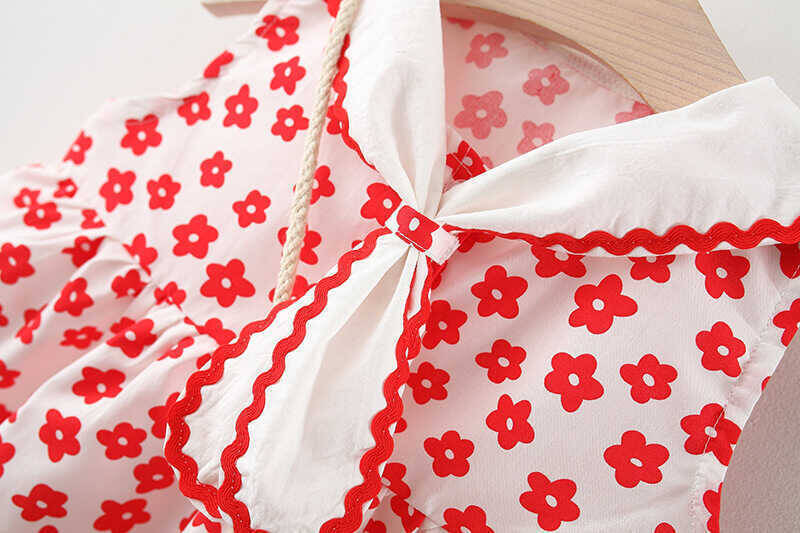 Fular Yaka Detaylı Kırmızı Çiçekli Elbise Ve Çanta 2'li Set - Thumbnail