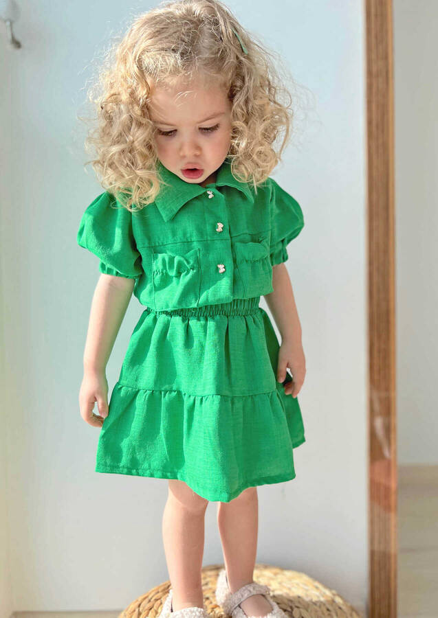 SSY22 - Benetton Yeşil Kız Çocuk Keten Kısa Kol Gömlek Etek 2'li Takım