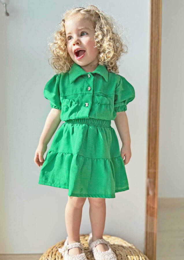 Benetton Yeşil Kız Çocuk Keten Kısa Kol Gömlek Etek 2'li Takım - Thumbnail
