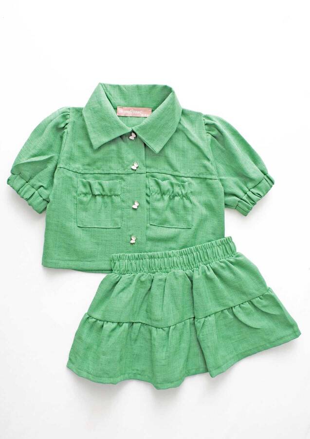 Benetton Yeşil Kız Çocuk Keten Kısa Kol Gömlek Etek 2'li Takım - Thumbnail