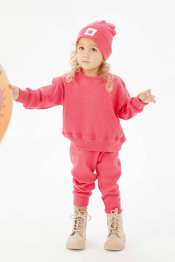FW21 - Fuşya Oversize Çocuk Sweatshirt ve Pantolon Kaşkorse Fitilli İkili Takım (1)