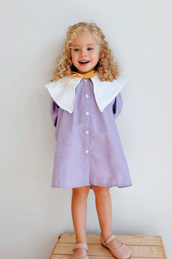 Nostaljik Yaka Önden Düğmeli Lila Kız Çocuk Elbise - Thumbnail