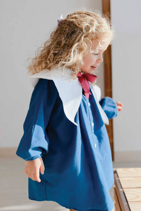 Nostaljik Yaka Önden Düğmeli Saks Mavi Kız Çocuk Elbise - Thumbnail