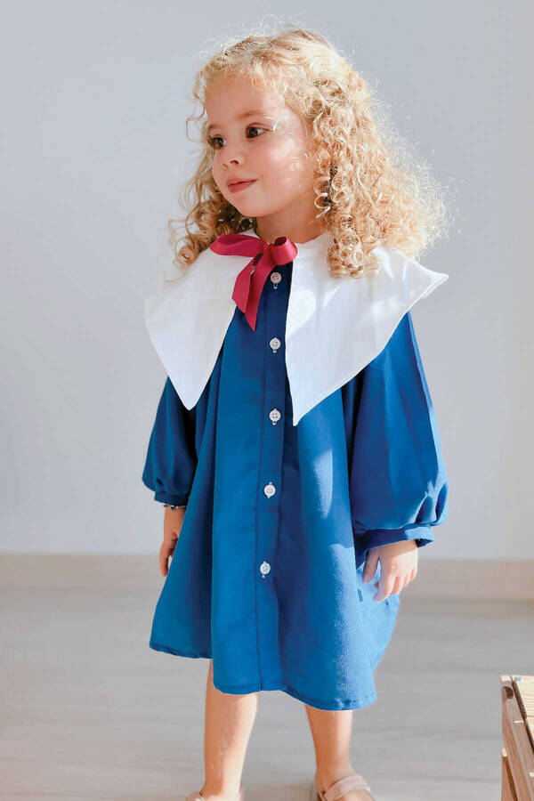 FW22 - Nostaljik Yaka Önden Düğmeli Saks Mavi Kız Çocuk Elbise