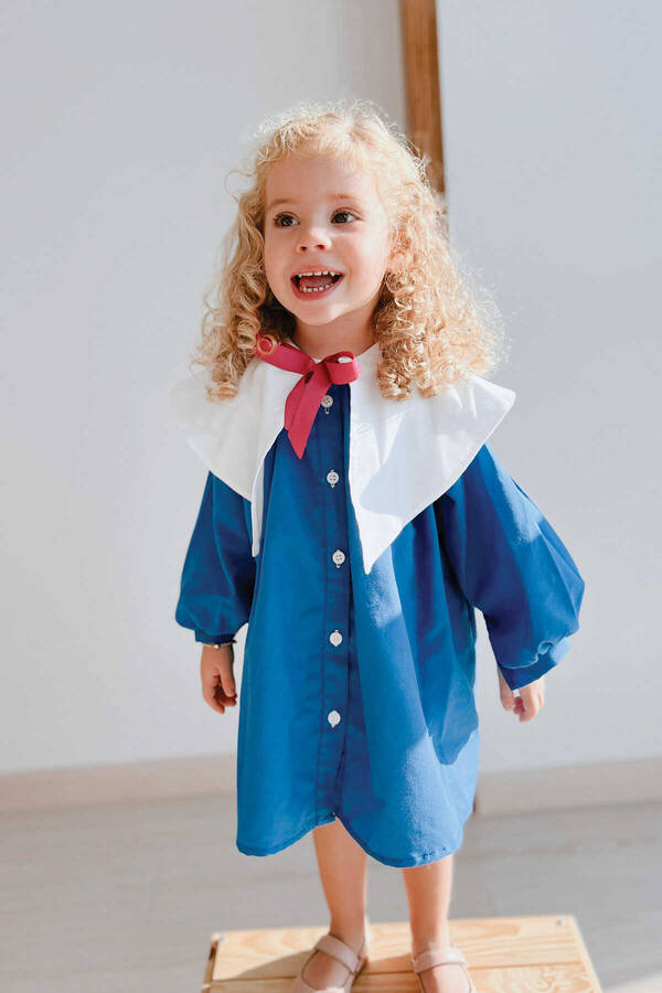Nostaljik Yaka Önden Düğmeli Saks Mavi Kız Çocuk Elbise - Thumbnail