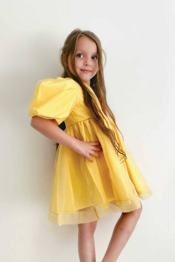 Sarı Renk ve Parıltılı Tek Omuz Organze Elbise - Thumbnail