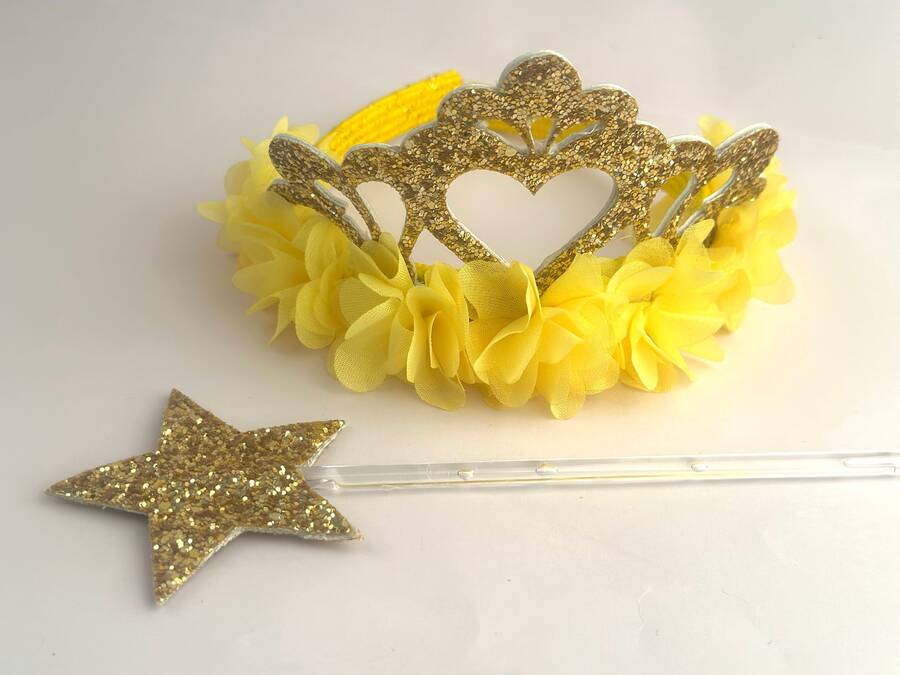 Gold Kraliçe Sarı Tül Çiçekli Taç ve Asa Set - Thumbnail