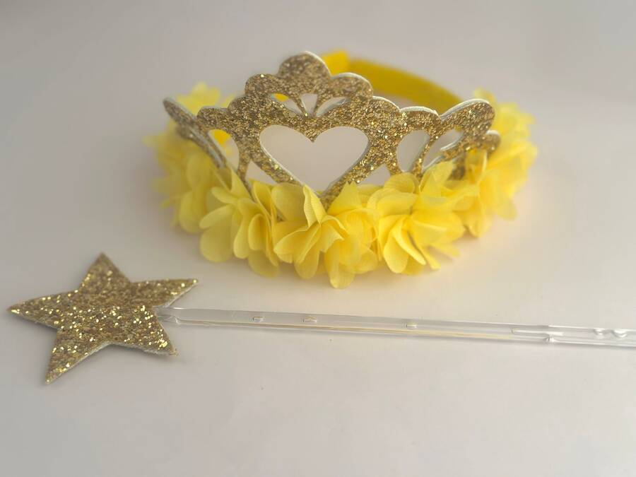 Gold Kraliçe Sarı Tül Çiçekli Taç ve Asa Set - Thumbnail