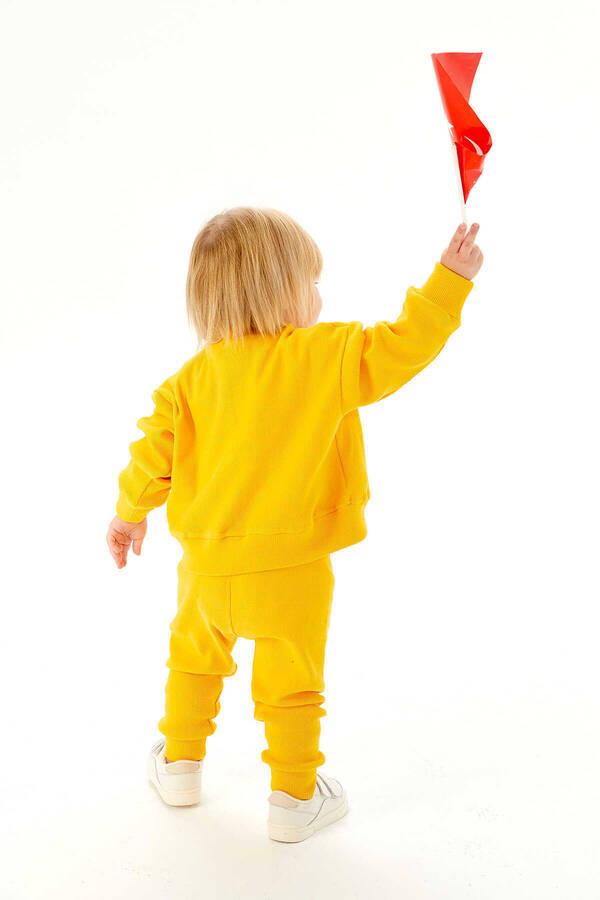 Hardal Sarı Oversize Çocuk Sweatshirt ve Pantolon Kaşkorse Fitilli İkili Takım - Thumbnail