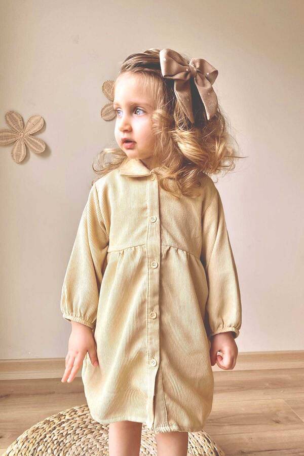 FW21 - İnce Fitilli Kadife Bej Kız Çocuk Gömlek Elbise