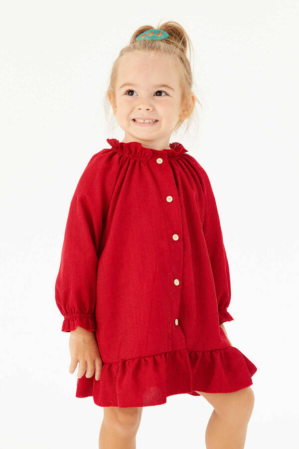 FW21 - İnce Fitilli Kadife Fırfırlı Kız Çocuk Kırmızı Düğmeli Elbise