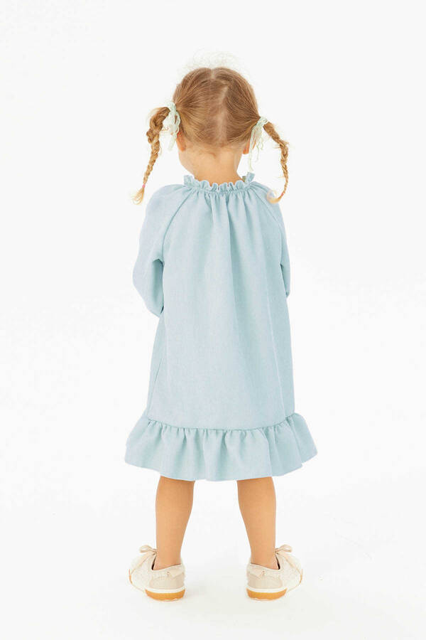 İnce Fitilli Kadife Fırfırlı Kız Çocuk Mavi Düğmeli Elbise - Thumbnail