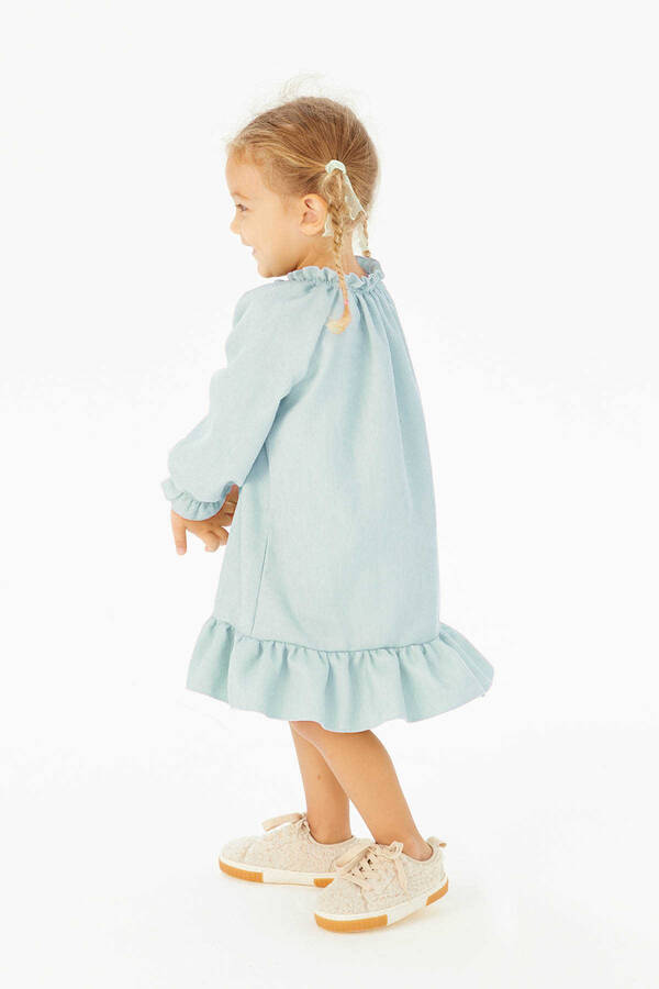 İnce Fitilli Kadife Fırfırlı Kız Çocuk Mavi Düğmeli Elbise - Thumbnail