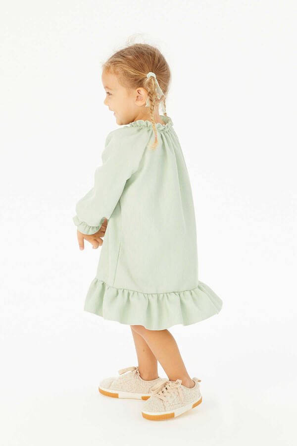 İnce Fitilli Kadife Fırfırlı Kız Çocuk Mint Yeşil Düğmeli Elbise - Thumbnail