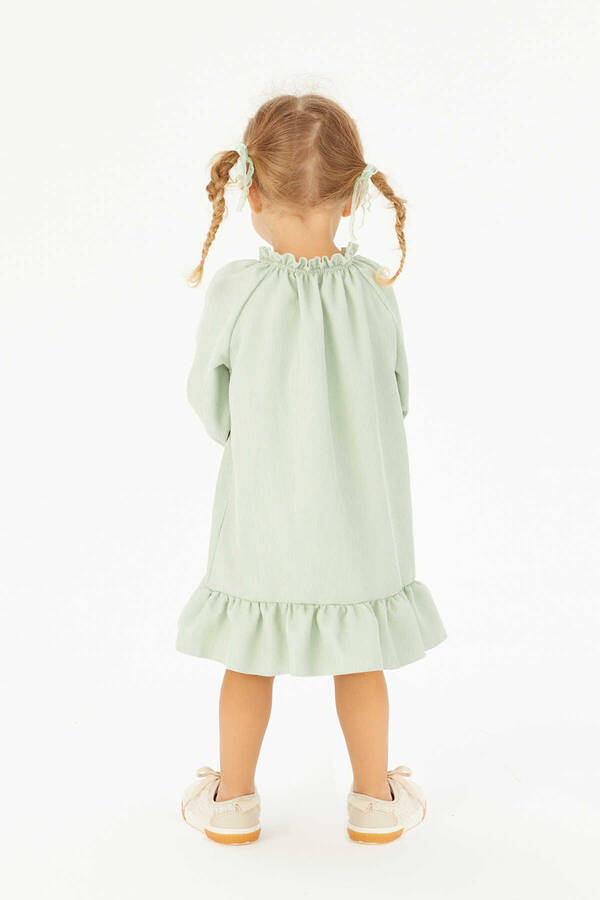 İnce Fitilli Kadife Fırfırlı Kız Çocuk Mint Yeşil Düğmeli Elbise - Thumbnail