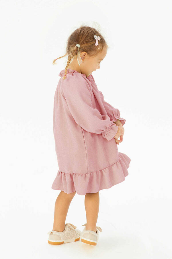 FW21 - İnce Fitilli Kadife Fırfırlı Kız Çocuk Pembe Düğmeli Elbise (1)