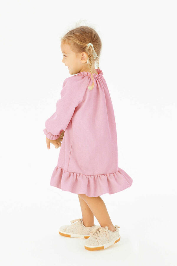 İnce Fitilli Kadife Fırfırlı Kız Çocuk Pembe Düğmeli Elbise - Thumbnail