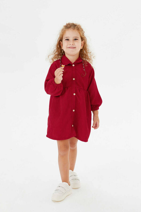 FW21 - İnce Fitilli Kadife Kırmızı Kız Çocuk Gömlek Elbise