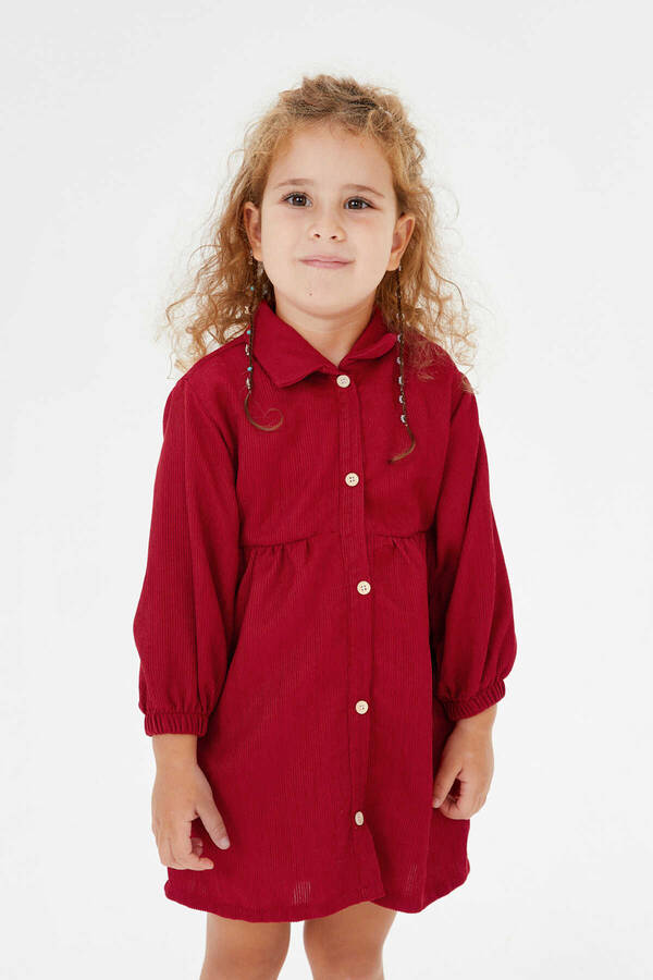 FW21 - İnce Fitilli Kadife Kırmızı Kız Çocuk Gömlek Elbise (1)