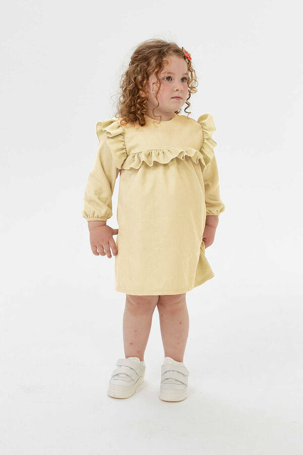 FW21 - İnce Fitilli Kadife Omuz Detaylı Bej Kız Çocuk Elbise