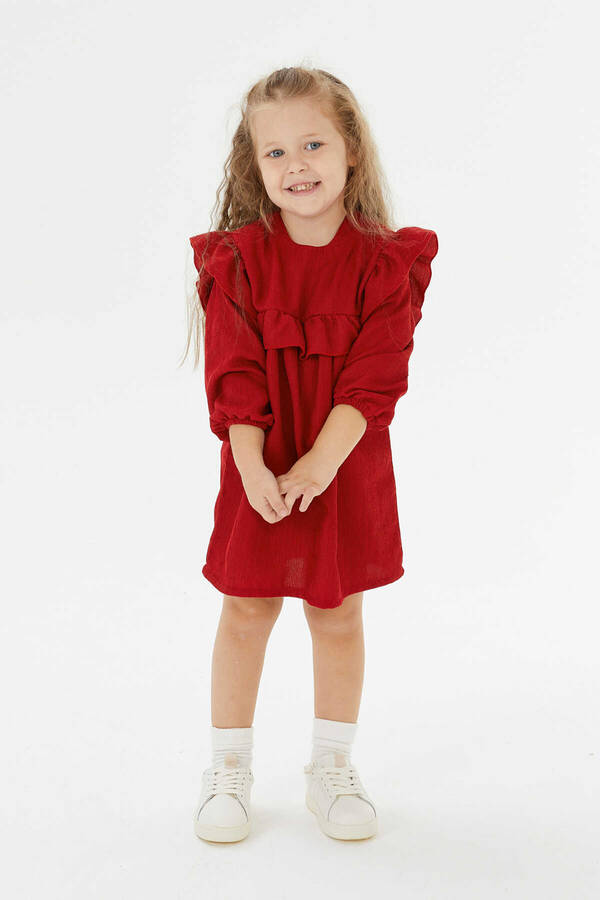 FW21 - İnce Fitilli Kadife Omuz Detaylı Kırmızı Kız Çocuk Elbise