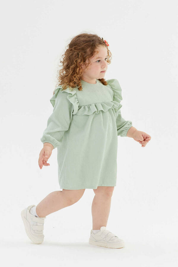 FW21 - İnce Fitilli Kadife Omuz Detaylı Mint Yeşil Kız Çocuk Elbise