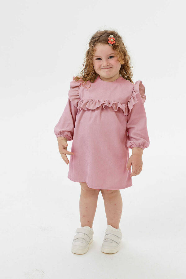 FW21 - İnce Fitilli Kadife Omuz Detaylı Pembe Kız Çocuk Elbise