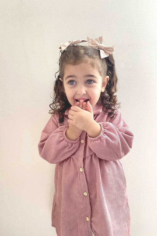 FW21 - İnce Fitilli Kadife Pudra Pembe Kız Çocuk Gömlek Elbise