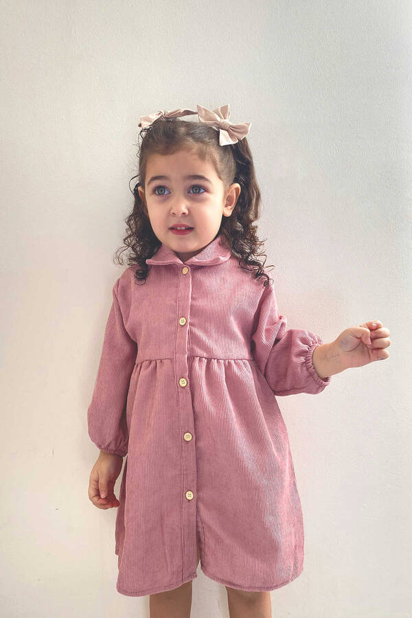 İnce Fitilli Kadife Pudra Pembe Kız Çocuk Gömlek Elbise - Thumbnail