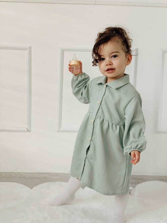 FW21 - İnce Fitilli Kadife Su Yeşil Kız Çocuk Gömlek Elbise