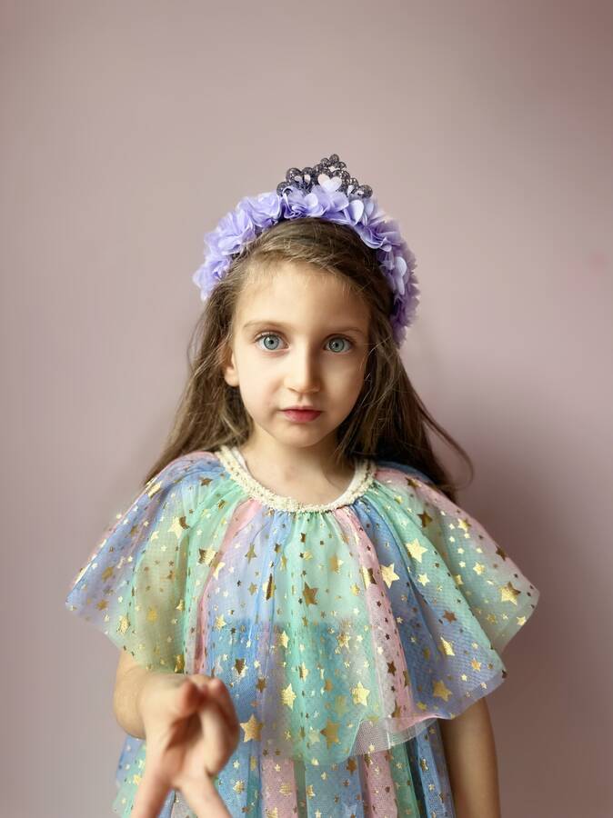 Işıltılı Küçük Prenses Aksesuarlı Lila Tül Çiçekli Kumaş Kaplama Taç - Thumbnail