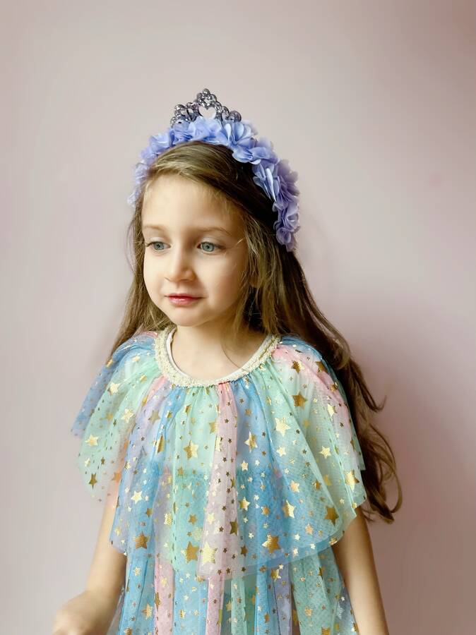 Işıltılı Küçük Prenses Aksesuarlı Lila Tül Çiçekli Kumaş Kaplama Taç - Thumbnail