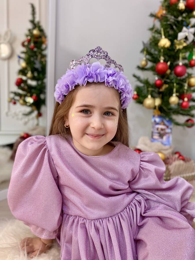 Işıltılı Prenses Aksesuarlı Lila Tül Çiçekli Kumaş Kaplama Taç - Thumbnail