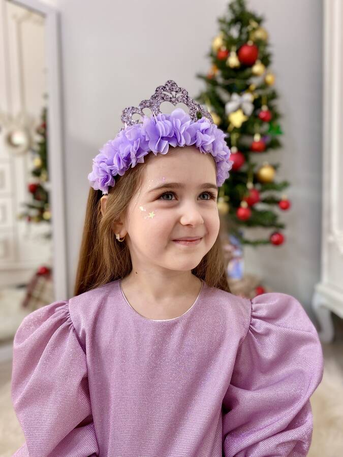 Işıltılı Prenses Aksesuarlı Lila Tül Çiçekli Kumaş Kaplama Taç - Thumbnail