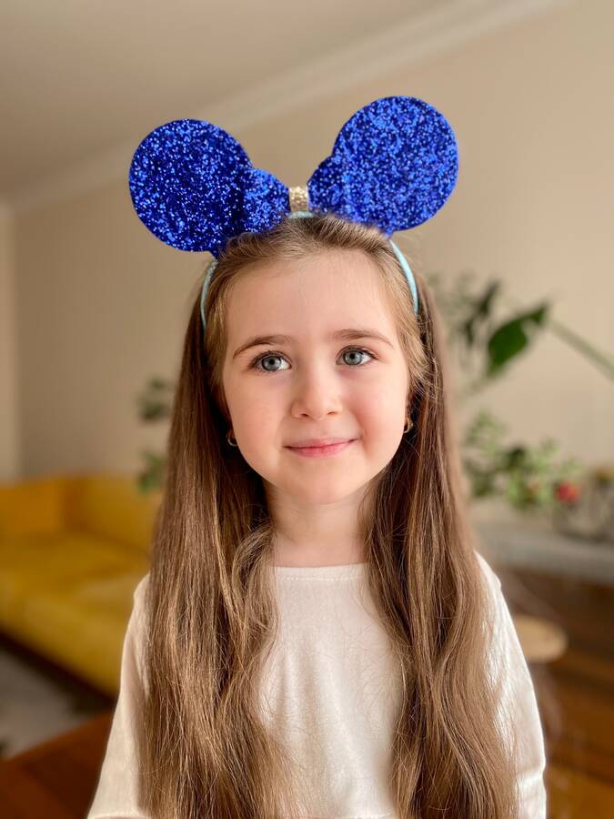 Işıltılı Saks Mavi Minnie Mouse Kumaş Kaplama Taç - Thumbnail