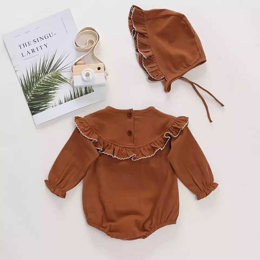 TEKLEME - Kahverengi Fırfırlı Tulum ve Şapka 2'li Set (1)