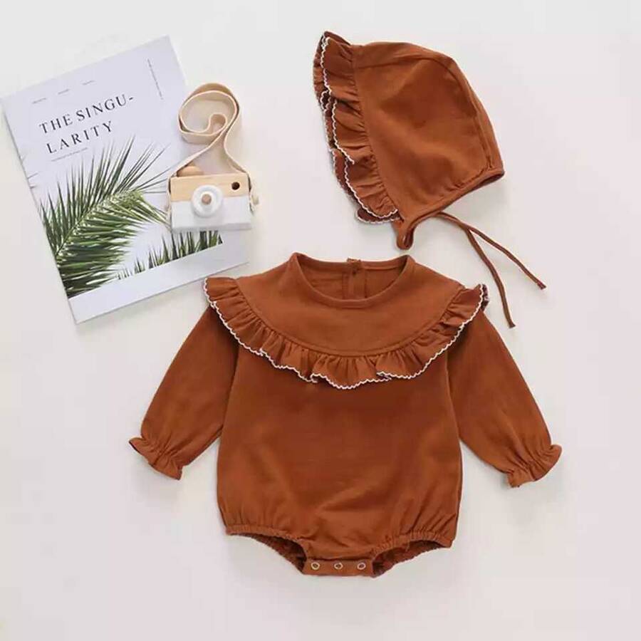 TEKLEME - Kahverengi Fırfırlı Tulum ve Şapka 2'li Set