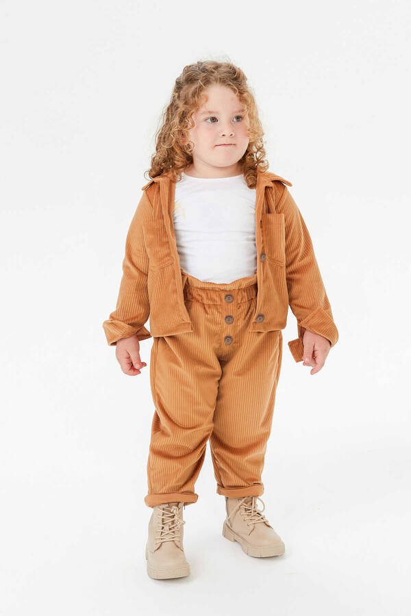 FW21 - Kalın Fitilli Kadife Açık Kahve Renk Çocuk Gömlek ve Pantolon 2'li Takım