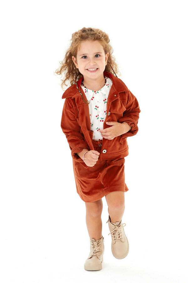 FW21 - Kalın Fitilli Kadife Kiremit Etek ve Ceket Kız Çocuk 2'li Takım