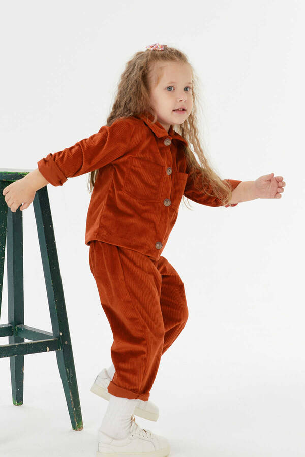 FW21 - Kalın Fitilli Kadife Kiremit Renk Çocuk Gömlek ve Pantolon 2'li Takım (1)