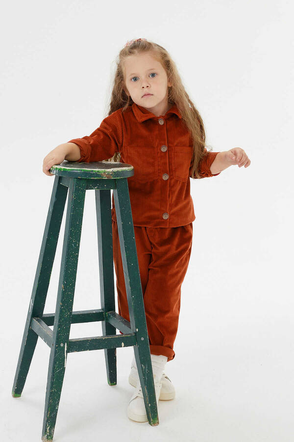 FW21 - Kalın Fitilli Kadife Kiremit Renk Çocuk Gömlek ve Pantolon 2'li Takım