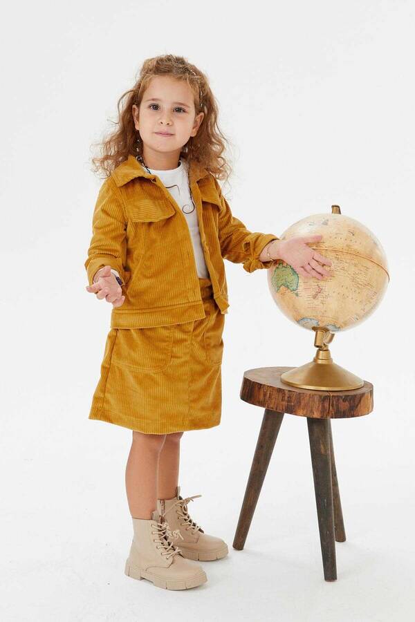 FW21 - Kalın Fitilli Kadife Sarı Etek ve Ceket Kız Çocuk 2'li Takım
