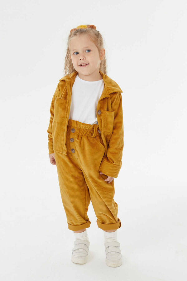 FW21 - Kalın Fitilli Kadife Sarı Renk Çocuk Gömlek ve Pantolon 2'li Takım