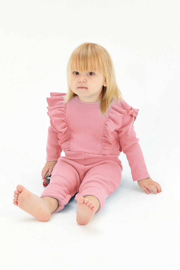 FW21 - Kaşkorse Uzun Kollu Fırfırlı Pembe Tulum