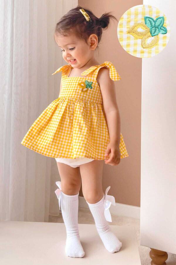 SSY22 - Limon Nakışlı Sarı Bluz ve Şort Kız Bebek 2'li Takım