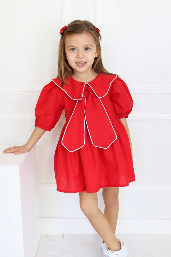 ss23 - Kırmızı Bahriye Yaka Detaylı Fiyonk Kız Çocuk Elbise