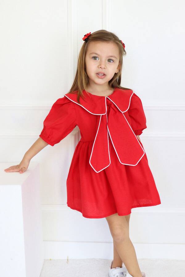 Kırmızı Bahriye Yaka Detaylı Fiyonk Kız Çocuk Elbise - Thumbnail