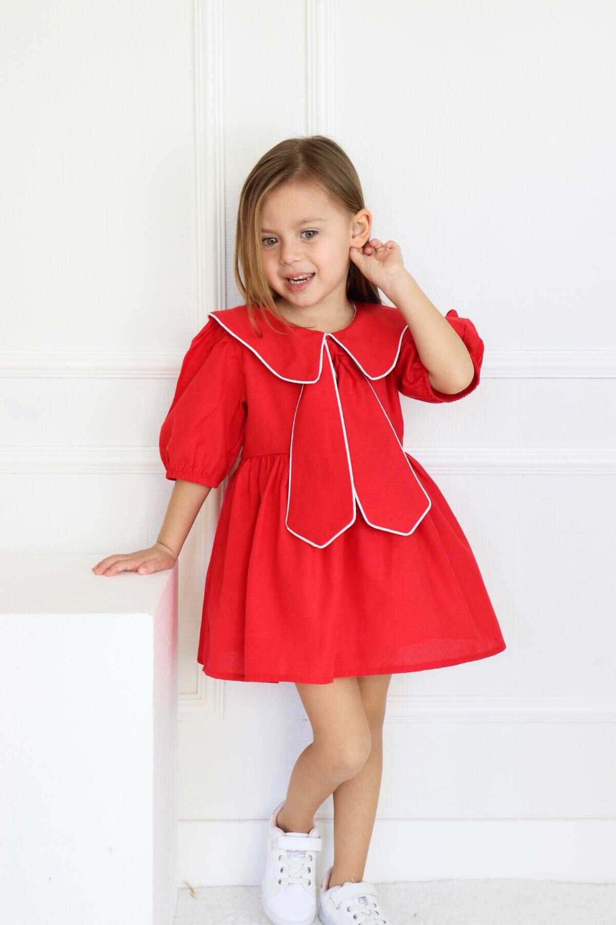 Kırmızı Bahriye Yaka Detaylı Fiyonk Kız Çocuk Elbise